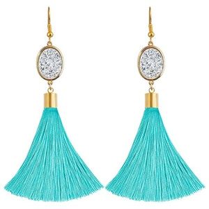 NEW! Druzy Tassel Fringe Boho Earring Silver Blue